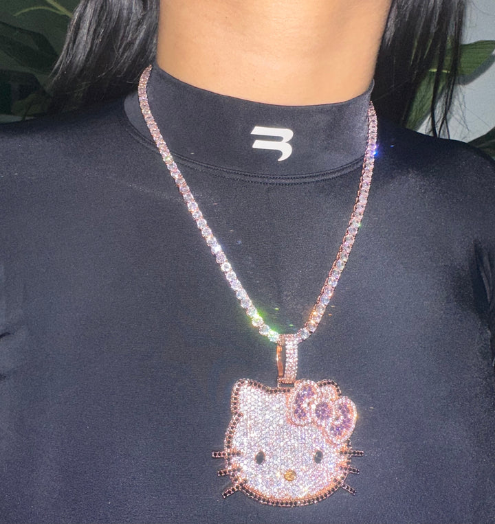 Iced Out Kitty Pendant (ships Same Day) Silver / Pink / 18 Tennis Chain
